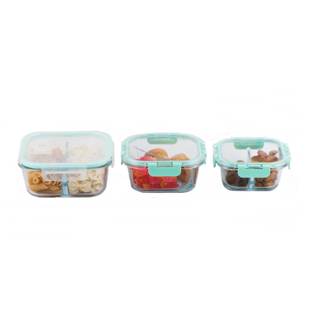 Square Glass Food Freshness Preservation Lunch Box with Transparent Plastic Box