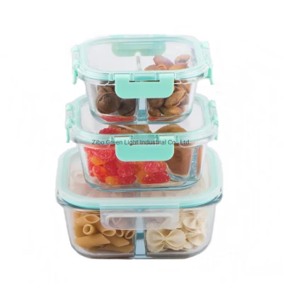 Quadratische Glas-Brotdose zur Frischhaltung von Lebensmitteln mit transparenter Kunststoffbox